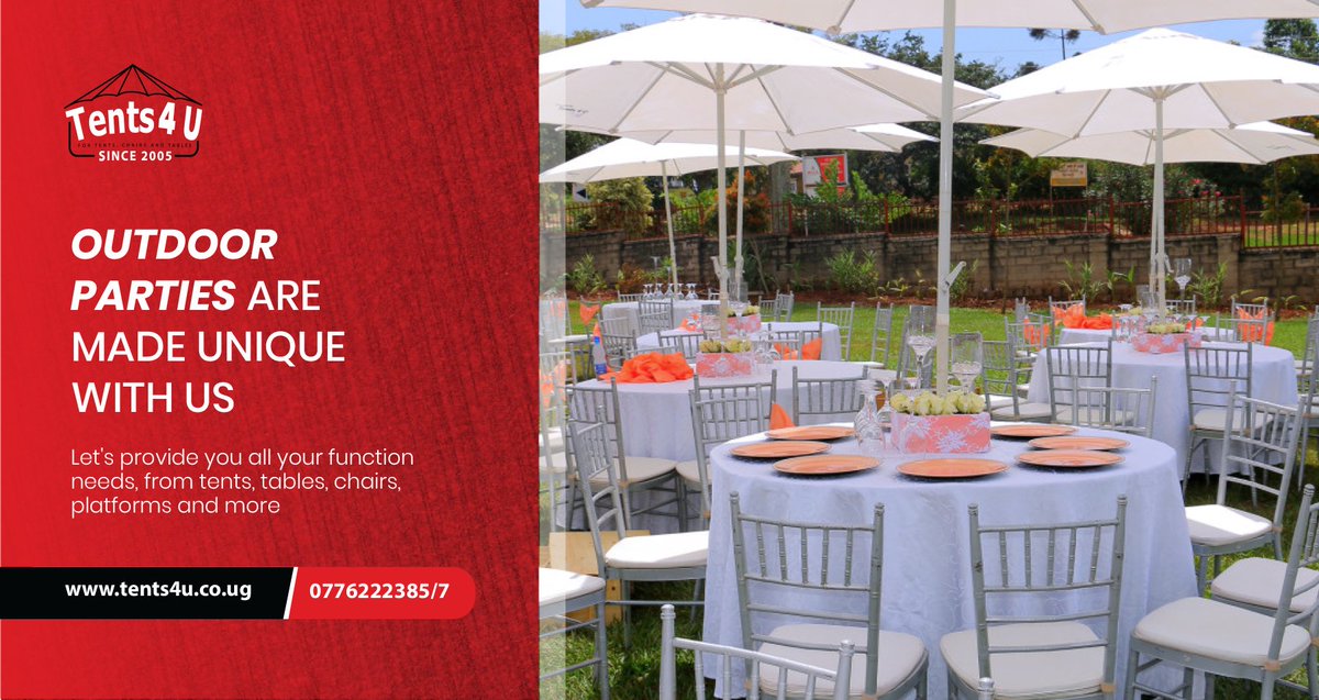Looking for a customized, unique outdoor event experience? Look no further, we have function hire items you need to make your event a unique experience.
___
Get in touch with us.
+256 0414 222 385, 0393 286042, 0776 222 387
info@tents4u.co.ug

#Tents4U #TentWedding #ParasolTents