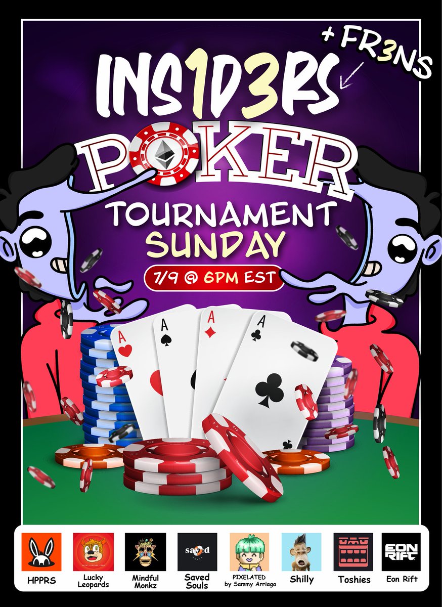 It's time for another poker tournament! This time, we're bringing along eight frens🫶. This is open to the public, and NFT prizes will be given from all projects to the final 8 according to value &amp; placement.

📅Date: July 9th
⏰Time: 6 PM EST
📜Register: pokernow.club/mtt/ins1d3rs-a…