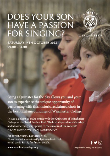 An exciting, free opportunity for young singers in October - do spread the word! @WinColl @PilgrimsSchool @WMCtweeter1 @WaynfleteSinger @SVHampshire @SotonPhilChoir @CSAChoir