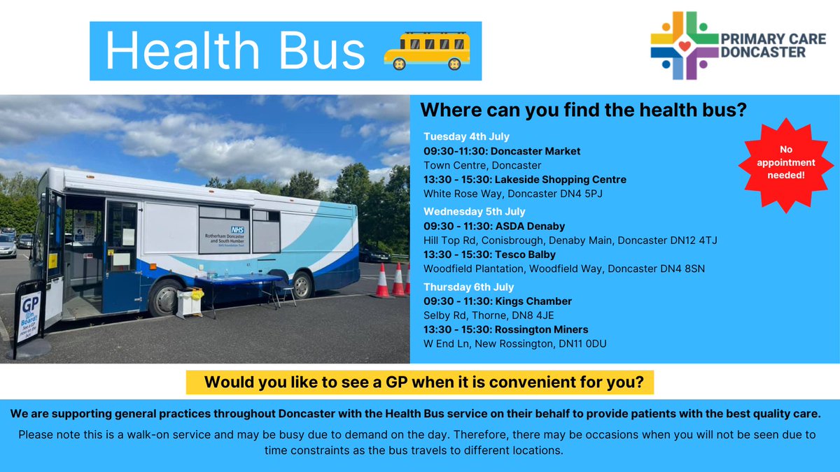 🔔 FIND THE HEALTH BUS THIS WEEK! 🚌

 Just walk in, no appointment is needed. Check out our locations for this week👇

Please note that this is a walk-on service and may be busy on the day due to demand.

#HealthBusDoncaster #DoncasterHealth