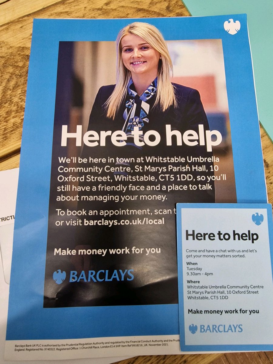 umbrellacentre's tweet photo. Every Tuesday in The Lounge - Barclays are here to help 9:30am - 4pm. #Whitstabletogether https://t.co/G2O41LPAnj