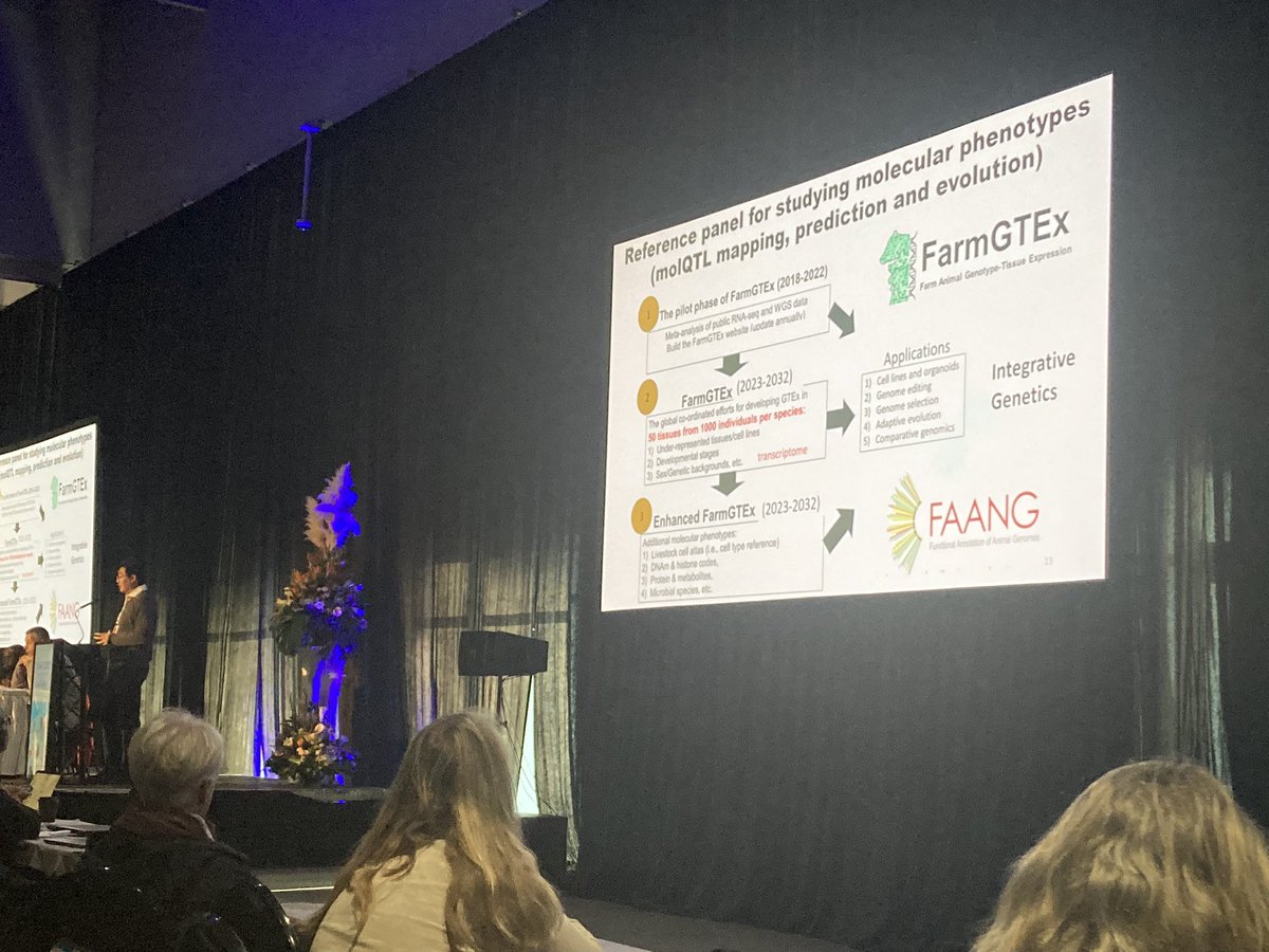 “This is not a job for one group it needs the whole community to work together” <a href="/LingzhaoF/">Lingzhao Fang</a> talking about harnessing the power of functional genomics for complex trait prediction in farmed animals in the plenary session this morning at #ISAG2023 🧬 🐄 🐖 🐓 🐑