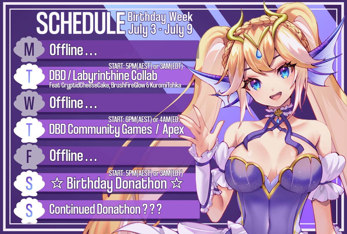 💜BIRTHDAY WEEK SCHEDULE💜

A little bit of a different schedule for this week... But we got an action pack week of streams including a scary collab with <a href="/cryptidchezcake/">𝐂𝐡𝐞𝐞𝐬𝐞𝐜𝐚𝐤𝐞 🩻🔥 𝕸𝖔𝖙𝖍 𝕶𝖓𝖎𝖌𝖍𝖙</a> <a href="/BrushfireGlow/">Brushfire Glow (⚔️🔥) 🔞</a> <a href="/KuromiTohka/">Kuromi Tohka 🌸 NYANtuber ✨</a> and a birthday donathon! Come join in on the fun!
#Vtuber #VTuberUprising