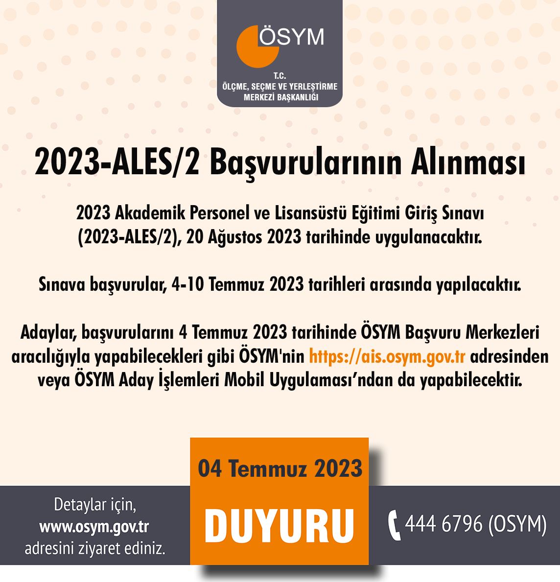 2023 Akademik Personel ve Lisansüstü Eğitimi Giriş Sınavı (2023-ALES/2) Başvurularının Alınması

osym.gov.tr/TR,25602/2023-…