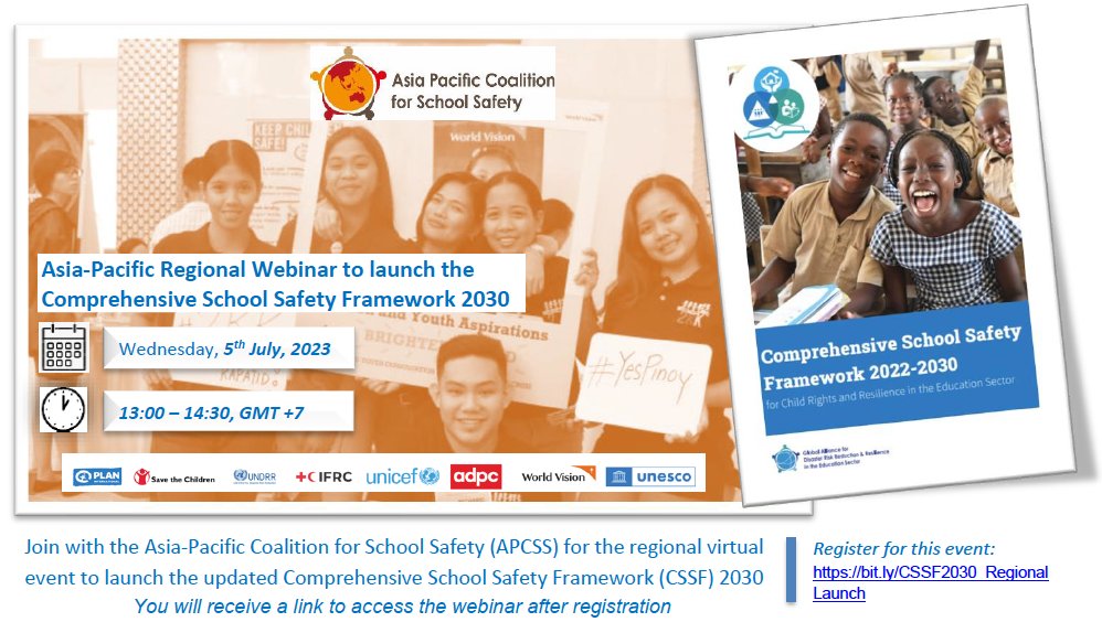 GADRRRES's tweet photo. Don't forget!
The Asia-Pacific 🌏 Regional Launch of the Comprehensive School Safety Framework 2022-2030 is taking place tomorrow at 01:00 PM (GMT +7)
Register here 👉 https://t.co/hEmeo22qPJ
#SafeChildrenSafeSchools #CSSFCommitments #SafeInSchool https://t.co/c16QPklRB8