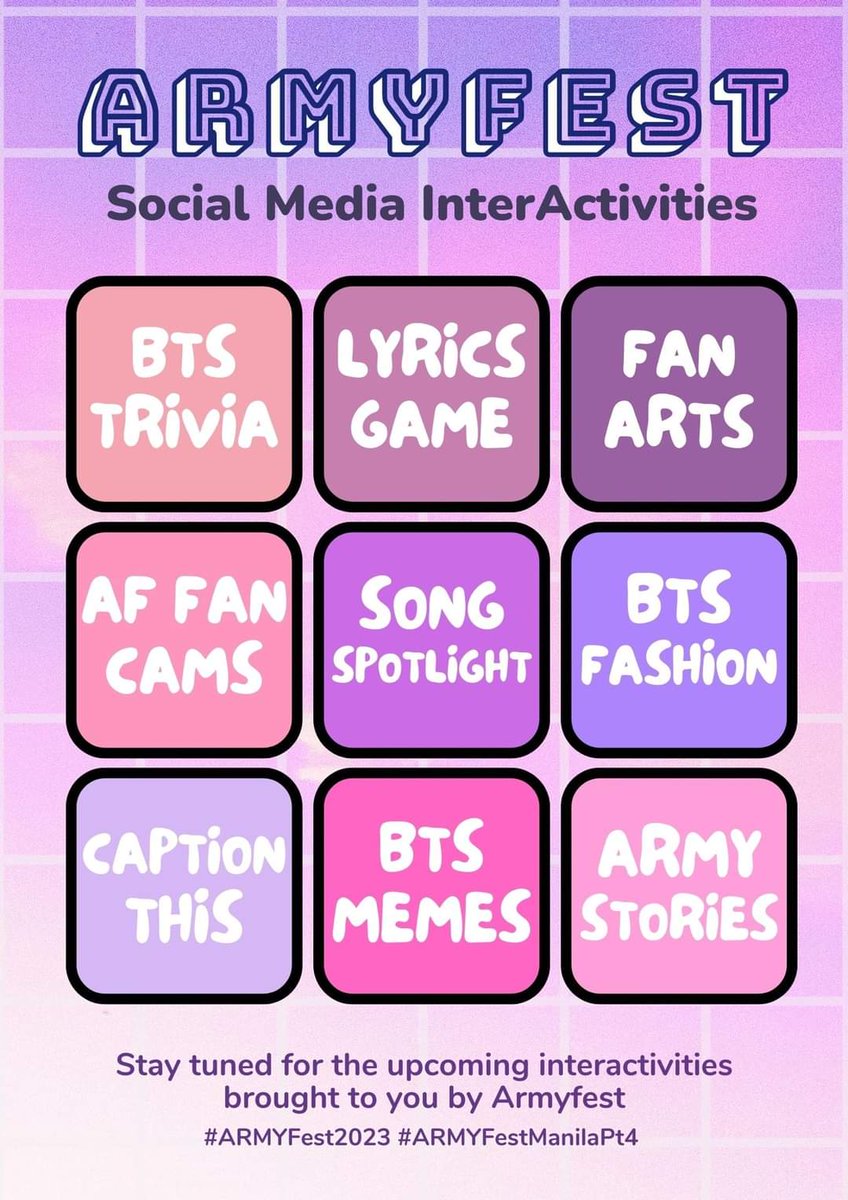 BTSARMYFest's tweet photo. Get ready for a blast of Social Media InterActivities brought to you by the ArmyFest fam! Join your fellow co-ARMYs in the fun and excitement. Stay tuned for the upcoming interactive surprises!

Join Armyfest in Manila Pt. 4 on Aug 26 and grab your tickets now
#ARMYFest2023 https://t.co/x2jnZHgxyF