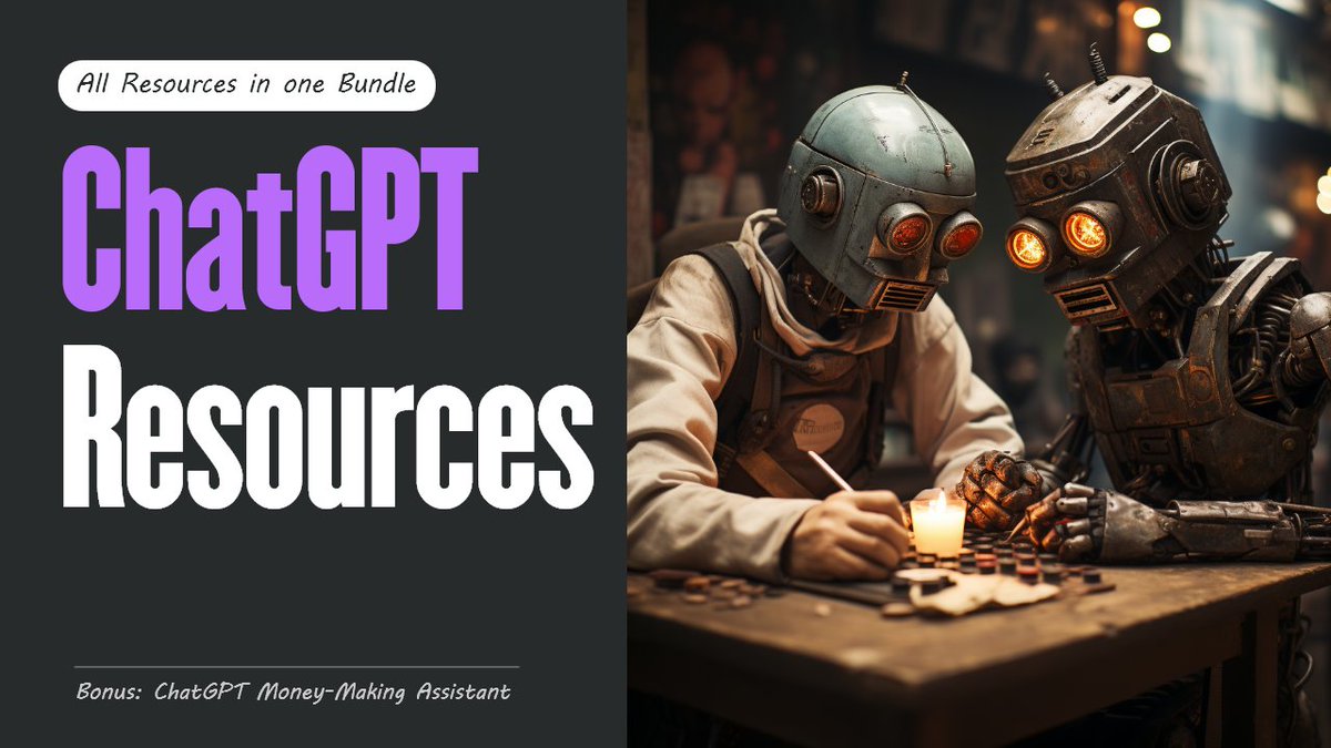 ChatGPT Resources All-In-1 Bundle &amp; Money-Making Assistant  

-No more searching  
-No time waste   

I put together all Resources to start making money with AI.    

And for 24 h, it's FREE     

Like, RT + comment "AI"     

and I'll DM it to you  (Must be following)