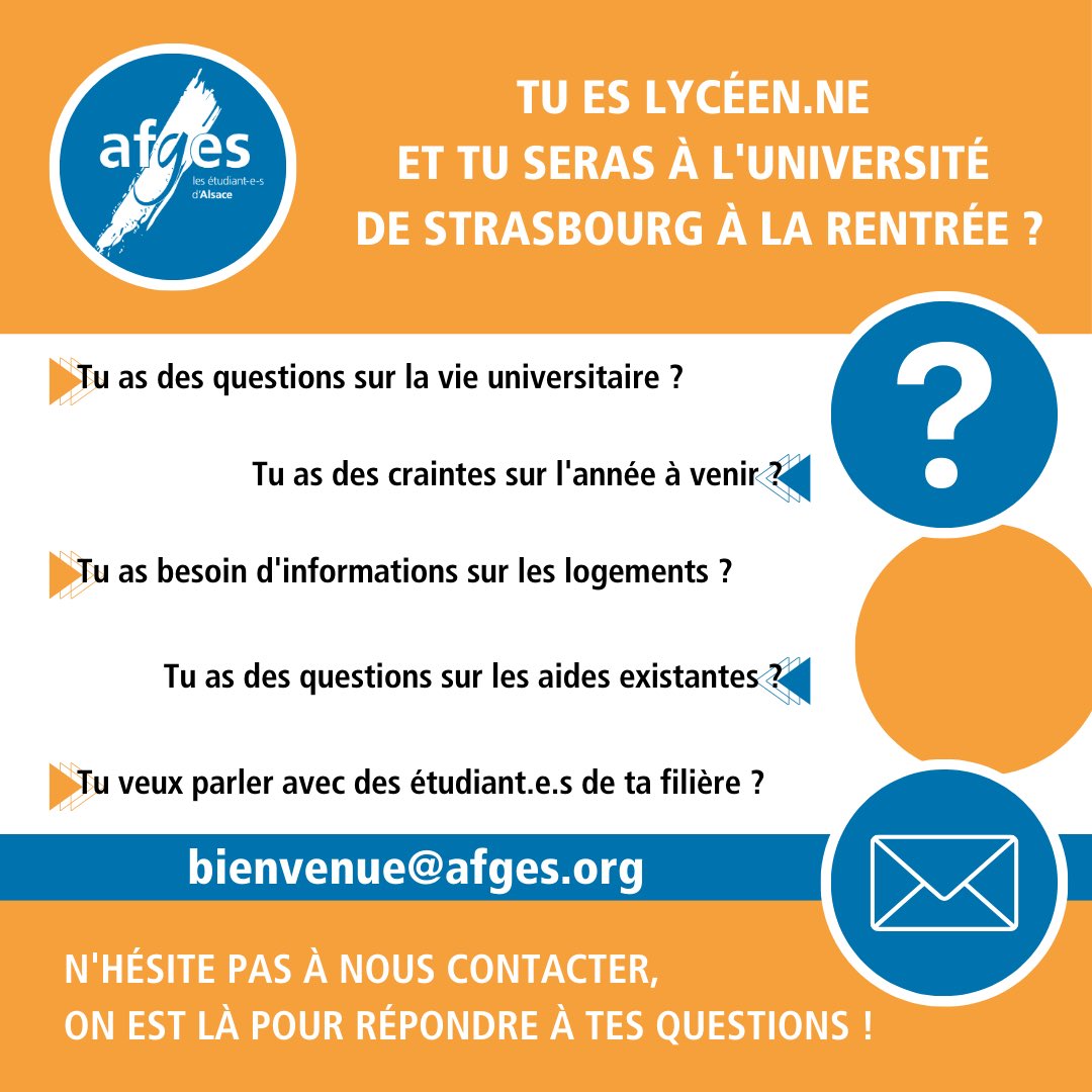 #Baccalauréat | Tu viens d'avoir ton #bac et tu rentres à l'#Université de #Strasbourg en septembre ? Tu as des questions ? Des craintes ?
￼
Les #étudiants de l'AFGES se tiennent disponible pour toi, n'hésitez pas à nous contacter : bienvenue@afges.org