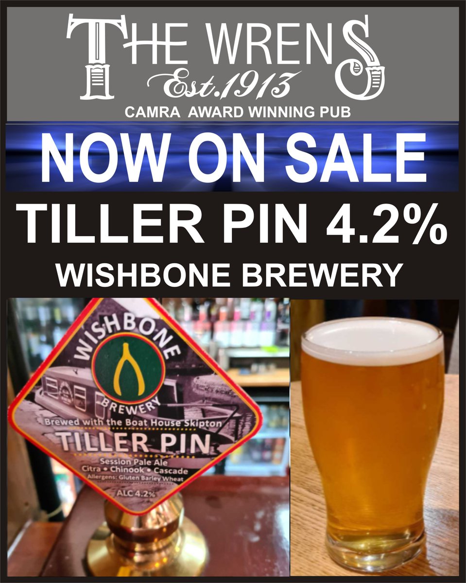 Today we are Open at 2pm...
On the bar today we have an  excellent session pale ale.
Tiller Pin 4.2%
Citra, Chinook &amp; Cascade
Brewed by <a href="/WishboneBrewery/">WishboneBrewery</a>
