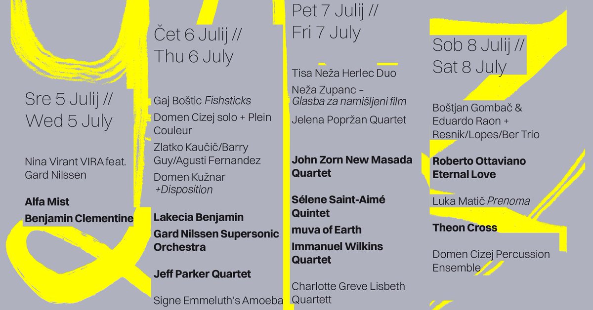 [Napovedujemo!]  64. Jazz festival Ljubljana se začenja 5. julija z dogodkom v Križankah, na katerem bosta nastopila
<a href="/clementinesart/">Benjamin Clementine</a> in <a href="/AlfaMist/">Alfa</a>  

Skozi <a href="/LjubljanaJazz/">Ljubljana jazz</a>, ki se bo sklenil 8. 7., se bo na šestih odrih <a href="/cankarjevdom/">Cankarjev dom</a> zvrstilo kar 28 koncertov bit.ly/3NYkN69