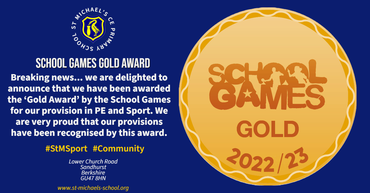 stmichaelssand's tweet photo. We are very proud to announce that we have been awarded the 'School Games Gold Award' for our provision in PE and Sport. A massive congratulations to all the children and staff for this excellent achievement! #StMSport #Community https://t.co/SoiifvgRWy