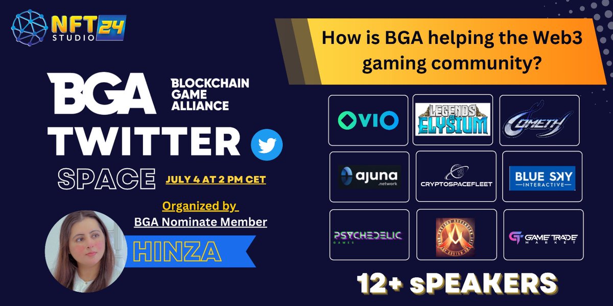 📣 Join us for an epic Twitter Space session organized by BGA Nominate Member, @the_hinza ! 🚀

🌐 Topic: "BGA and the Future of Web3 Gaming" <a href="/BGameAlliance/">Blockchain Game Alliance</a>
📅 Date: July 4th 
🕑 Time: 2 PM CET [ Today ]

Twitter speakers :
Philemon from <a href="/socialmedia_csf/">CryptoSpaceFleet</a>, Orel Sror from <a href="/ovioGG/">OviO- Gaming just Got Better</a>,