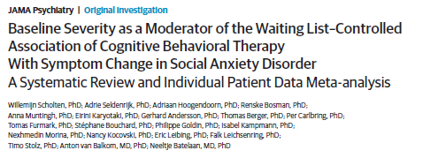 New #IPDMA out showing that higher symptom severity was linked to larger symptom reductions after #CBT in patients with social #anxiety disorder. The findings suggest that clinicians can confidently offer CBT to individuals with severe SAD symptoms. buff.ly/3JHo8UO