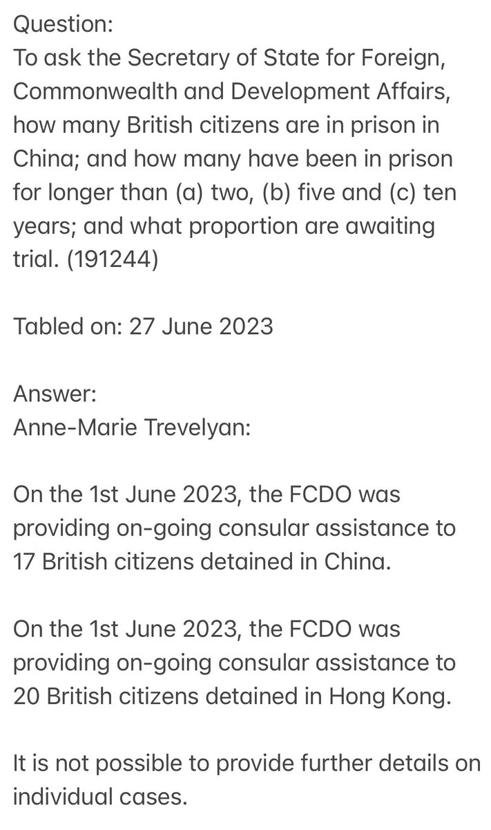 lukedepulford's tweet photo. #BREAK 17 British citizens are in prison in China, and receiving consular assistance. 20 in Hong Kong. 

Likely number of all Brits imprisoned (but not in receipt of ‘ongoing assistance’) is higher. 

Bring. Them. Home. https://t.co/sY2sdI1Rfu