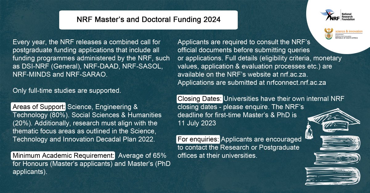 Attention first-time NRF Master’s and Doctoral applicants! Time is running out to submit your applications for 2024. Please enquire from your university about their internal deadline(s).

Follow this link for full details: nrf.ac.za/dsi-nrf-postgr…