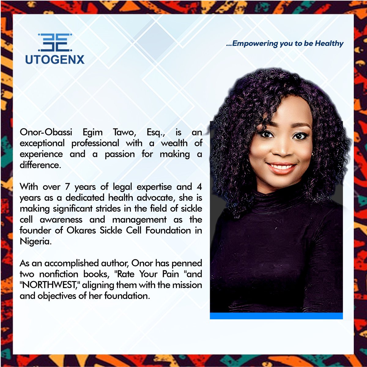 utogenx's tweet photo. Drop a love emoji for our July Person of the month!
@ZTawo
A barrister living with sickle cell and consciously making efforts at advocating for, creating awareness, and educating people about sickle cell. #recovery #july #nigerianbrand #utogenx #startupfairy https://t.co/N3SkJ9EiwH