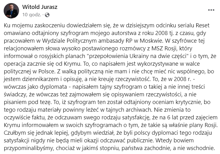 Wyrwal's tweet photo. Na Facebooku pojawił się komentarz mojego znakomitego kolegi Witolda Jurasza, z którego dowiaduję się dwóch bardzo ciekawych rzeczy:
1. Już w 2008 roku Rosjanie zamierzali "przepołowić Ukrainę", zaczynając od Krymu, o czym W. Jurasz informował MSZ RP w tajnym szyfrogramie.
2. Tajny szyfrogram odtajniono, używając go w filmie Reset i do walki politycznej. Takie praktyki oddalają nas od standardów Zachodu, staczają nas na Wschód.