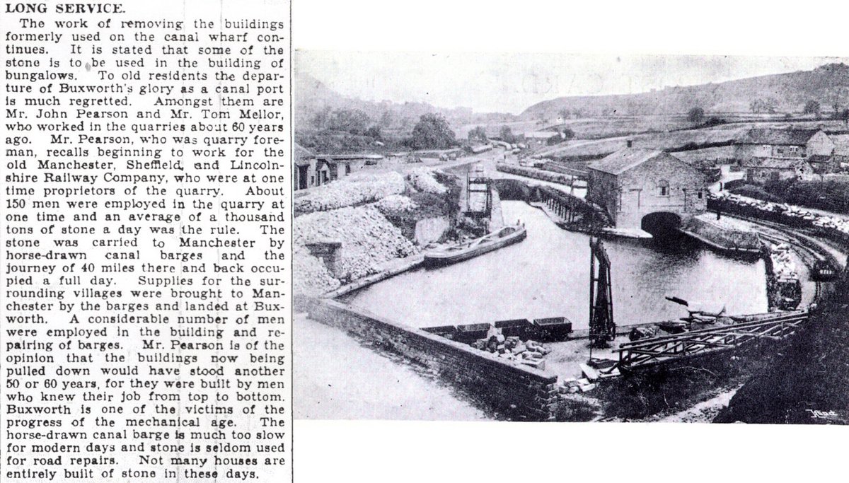 FurnessHistory's tweet photo. The buildings of Bugsworth Basin. 1935 newspaper cutting with photo from Keith Holford's archive. #Derbyshire #Bugsworth #PeakForestCanal https://t.co/weCg2COi4M