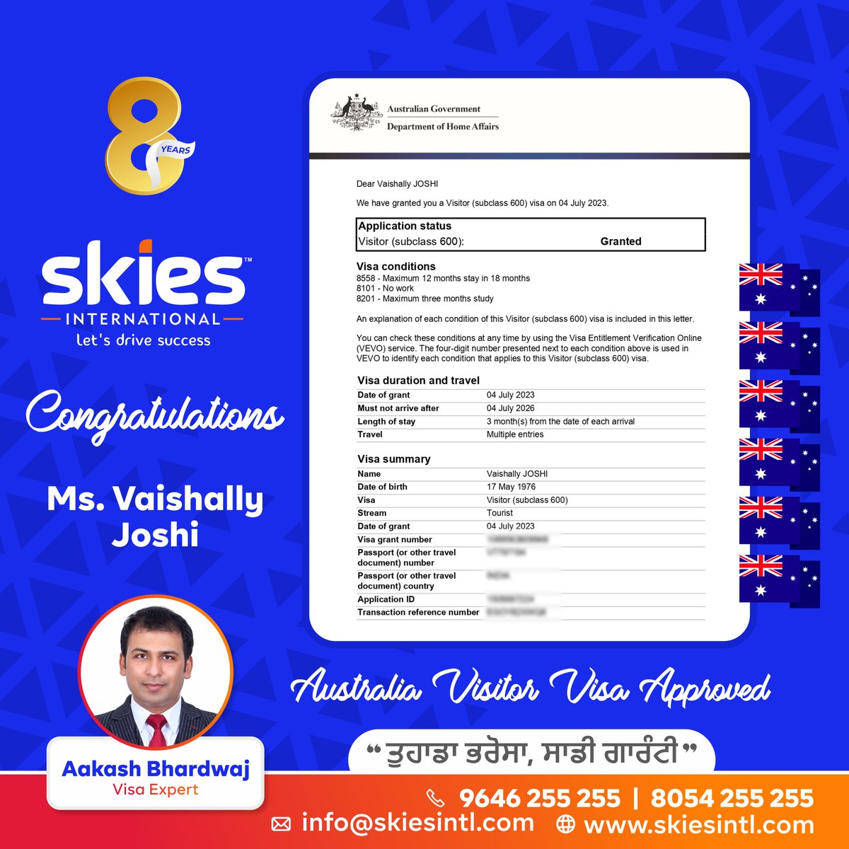 ✨🎉 Congratulations Mr. Rohit Joshi and Ms. Vaishally Joshi your Australia Visitor Visa grant! ✨

Safe travels and enjoy every moment of your Australian escapade! 🌏✈️

#AustraliaVisaGrant #AdventureAwaits #australia #visitorvisa #australiatouristvisa #skies #skiesinternational