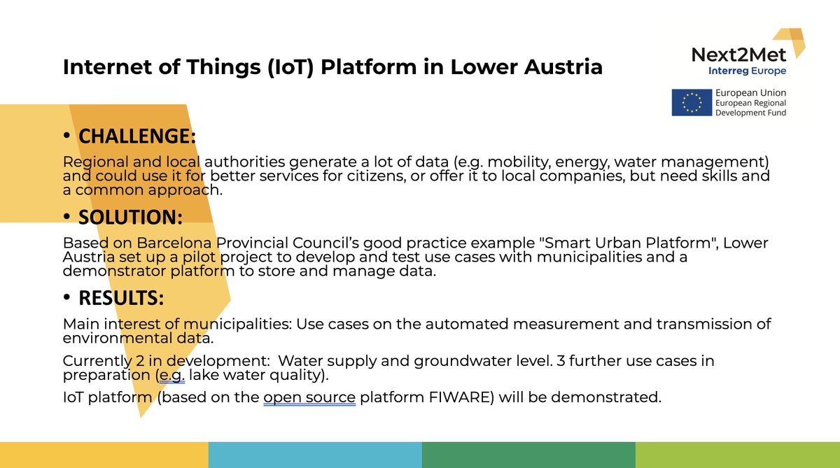 #N2MFinalEvent⎮ It's been a few weeks since our project's Final Event!

As N2M is slowly coming to an end, let's take this opportunity to look 🔙at the results of the pilot sites

➡️Starting with the Internet of Things (#IoT) Platform in Lower Austria 🇦🇹 rb.gy/0x37g