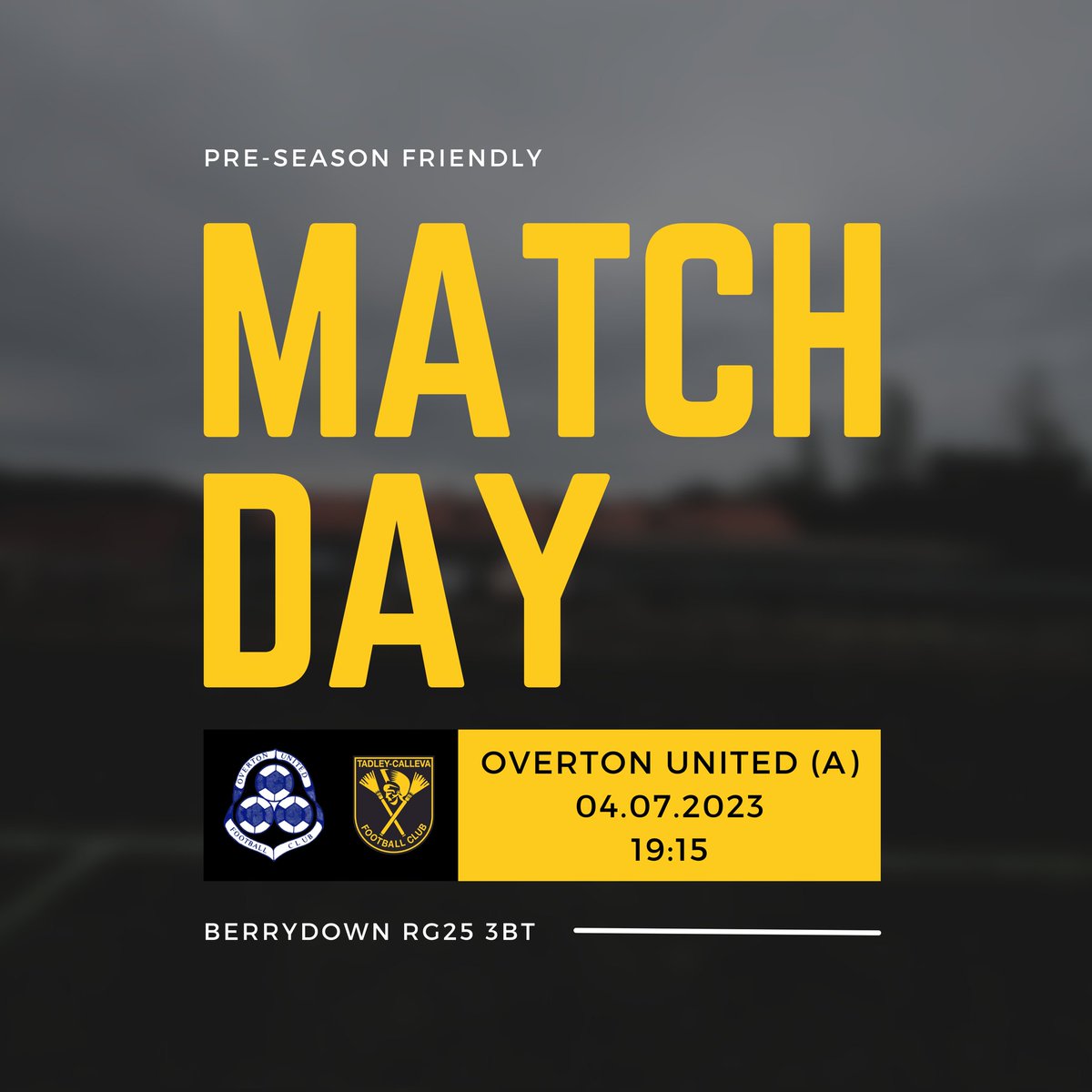 TadleyCallevaFC's tweet photo. Back at it this evening as we head down the road to Overton.

🆚 @overtonunited 
🏟️ Berrydown RG25 3BT
🏆 Pre-Season Friendly #2
⌚ 19:15 ko
🎟️ Free

Come and join us this evening as we continue to build match fitness and momentum. 

💛🖤 https://t.co/WFTbXAd8RW