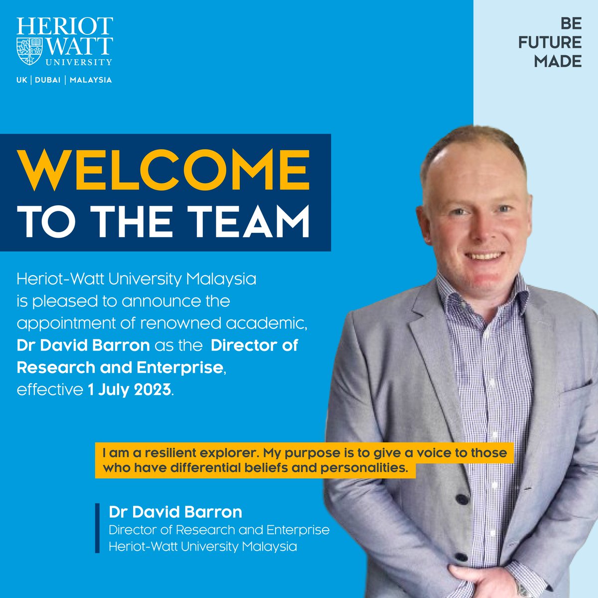 HWUMalaysia's tweet photo. Join us in welcoming Dr. David Barron as the Director of Research and Enterprise at our campus!

His expertise will undoubtedly enrich our campus, inspiring students and researchers alike. We look forward to the positive impact he will make at Heriot-Watt University Malaysia! https://t.co/OBcxAXYvo4
