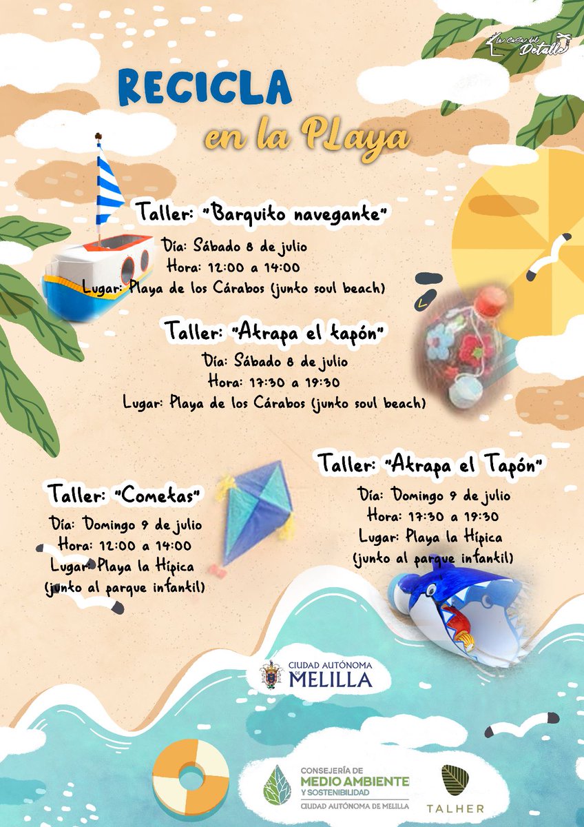 La Consejería de Medio Ambiente y Sostenibilidad te invita a los talleres infantiles de reciclaje en las playas de Los Cárabos y La Hípica. Únete el sábado 8 y el domingo 9 de julio para divertirte y aprender sobre el cuidado del medio ambiente. 🏖️♻️
#MedioAmbiente #Melilla