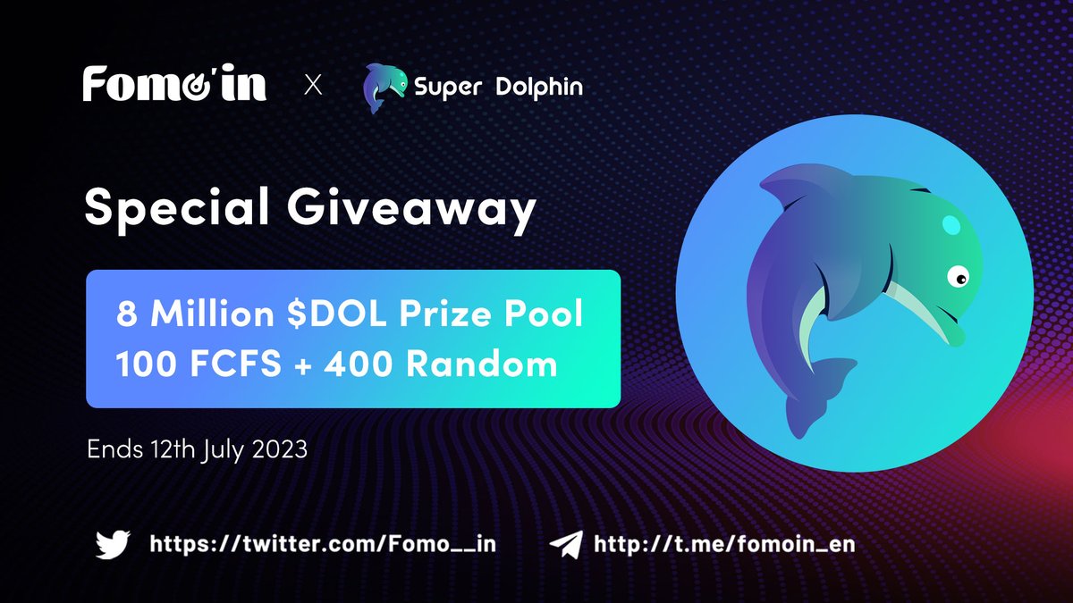 Fomo__in's tweet photo. 🥳 #SuperDolphin x #Fomoin Massive #Giveaway
🏆 8 Million $DOL Tokens / 500 winners 🎉
🎁 Top 50 will get 50,000 $DOL each
To Enter ⤵️
✅ Follow @Fomo__in & @DOLCoinBSC
✅ RT & Tag 3 Friends
✅ Fill form 👉https://t.co/84DhUU0IRH
#BSC #Airdrop #Giveaways #Tokengiveaway #BEP20 https://t.co/8zUJ17p3Oy