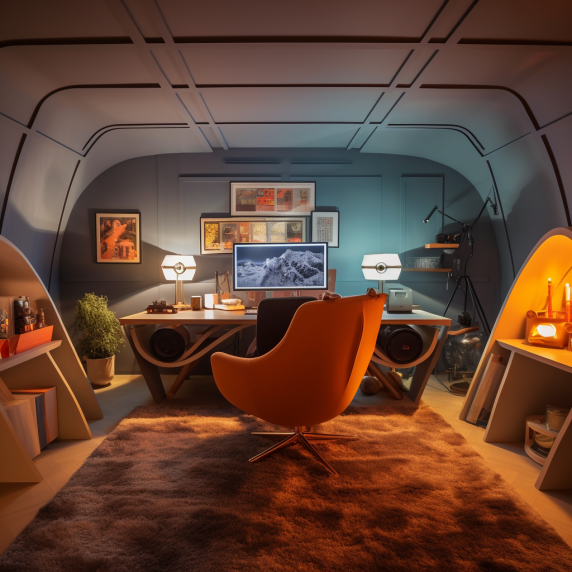 Images générées par @MidJourneyDAO d'un bureau inspiré des 70's ! 

#DesignThinking #midjourney #IntelligenceArtificielle #années70