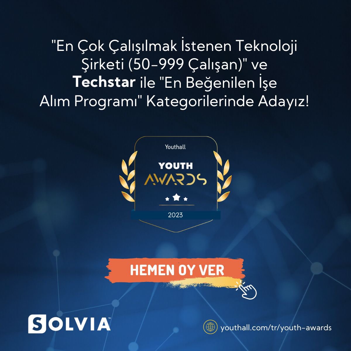 solviads's tweet photo. Gençlerin kariyer platformu Youthall’un düzenlediği Youth Awards’ta Solvia Digital Solutions olarak biz de yerimizi aldık. 🙌🏻
👉🏻 Oy vermek için linke tıkla: https://t.co/L3WRSnMeRT
#Solvia #LetsSolveTogether #DigitalTransformation #Youthall #YouthAwards2023 #GreatPlacetoWork https://t.co/bbbgKWhxEa