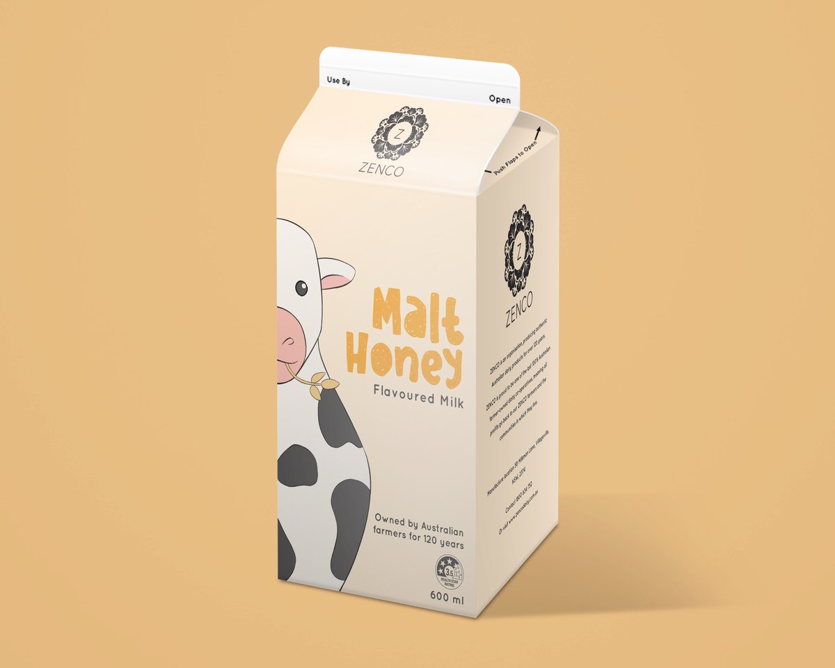 quollityart's tweet photo. Zenco Malt Honey flavoured milk carton design, assignment for Tafe NSW. An authentic Australian farmer-owned dairy co-op. Packaging design using illustration to stand out from the competition's photographic and/ or graphic styles.
#GraphicDesign #GraphicDesigner #Australia https://t.co/AuCwcUXYtf