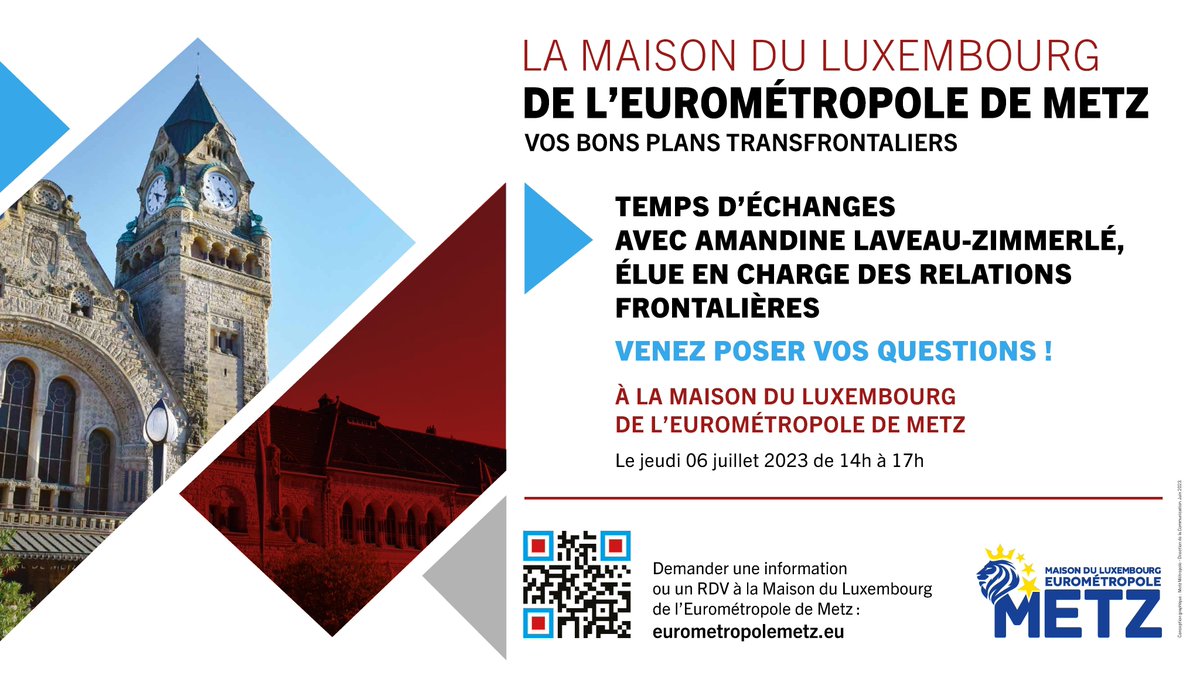 Ce jeudi 6 juillet de 14h à 17h, venez à la #MaisonDuLuxembourg de <a href="/EuroMetroMetz/">Eurométropole de Metz</a> en #GaredeMetz pour échanger avec <a href="/azimmerle_/">Amandine Laveau Zimmerlé</a> , élue en charge des relations frontalières.