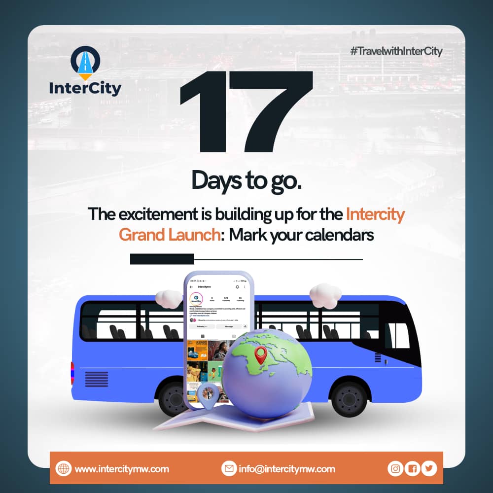 ElzJoel's tweet photo. 17 days until the InterCity Grand Launch
Lilongwe📍
Retweet for Awareness ☺️
#RideWithUs #BusTravel #OnTheRoad #ExploreByBus #TravelEasy #BusAdventures #RoadTrippin #BusLife #DiscoverByBus #GoGreen #ComfortTravel #BusJourney #DestinationBound
#BusExperience #Cityline https://t.co/a1O8zMtYHf