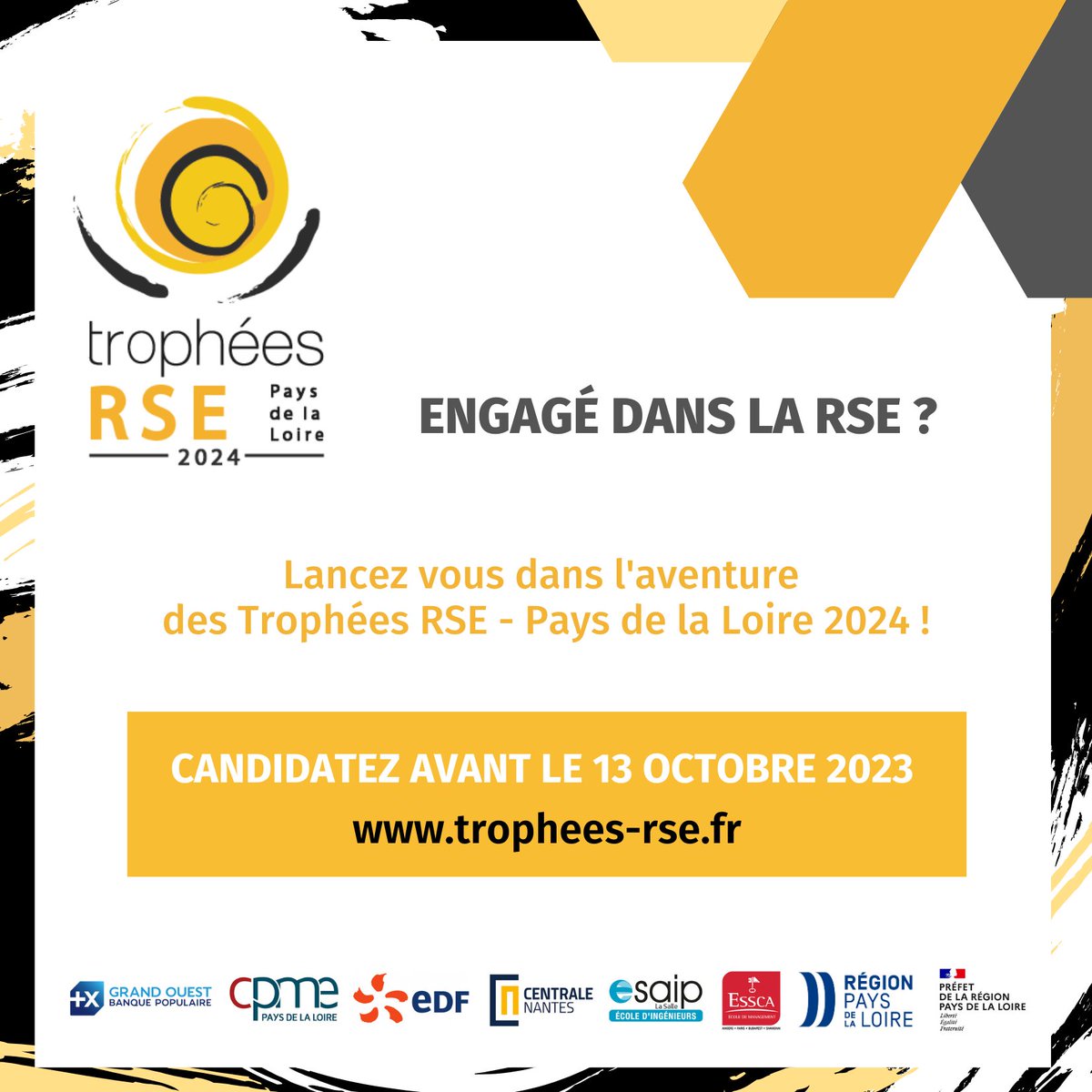 𝗟𝗮𝗻𝗰𝗲𝗺𝗲𝗻𝘁 𝗱𝗲𝘀 𝗶𝗻𝘀𝗰𝗿𝗶𝗽𝘁𝗶𝗼𝗻𝘀 𝗱𝗲 𝗹𝗮 𝟭𝟰𝗲̀𝗺𝗲 𝗲́𝗱𝗶𝘁𝗶𝗼𝗻
Votre entreprise ou organisation est implantée dans les #PaysdelaLoire et impliquée dans une démarche #RSE ? 
Vous êtes motivé à l'idée de valoriser vos initiatives  ?