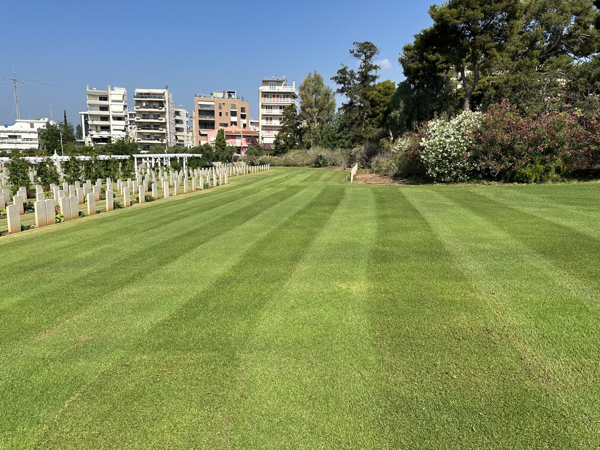 skilitsis's tweet photo. Good morning from ⁦@CWGC⁩ Phaleron War Cemetery Athens Greece 🇬🇷

Summer turf grooming for irrigation Efficiency improve https://t.co/qH8cmG8ejK