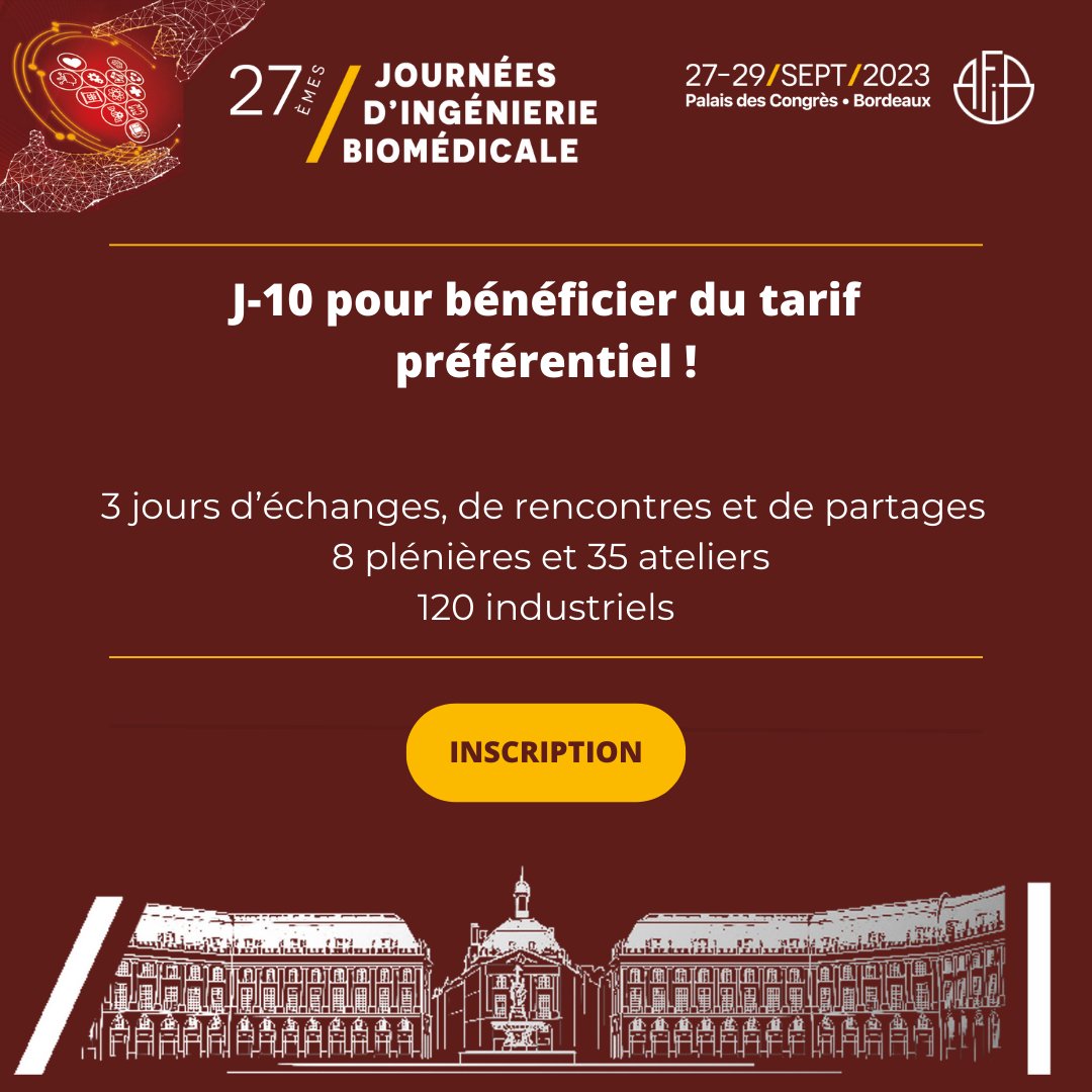 🚨 Le tarif préférentiel du Congrès AFIB 2023 se termine le 14 juillet ! 

🌍 8 plénières et 35 ateliers autour de la thématique « Technologies et Agilité Biomédicales, le meilleur est Avenir ».

S'inscrire 👉 bit.ly/3qza0Gu

#biomedical #ingebio #sante #afib202