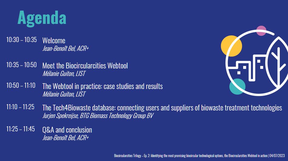 Biocirc_cities's tweet photo. 📺Are you connected? Because we are... and ready to start in 30min!
🔧🔍We look forward to introduce you to the #Biocircularcities webtool. It will help you identify the most suitable #biocircular technologies for improving your #biowaste management.
👉https://t.co/n6q12cXLuX https://t.co/4a3n58FihI