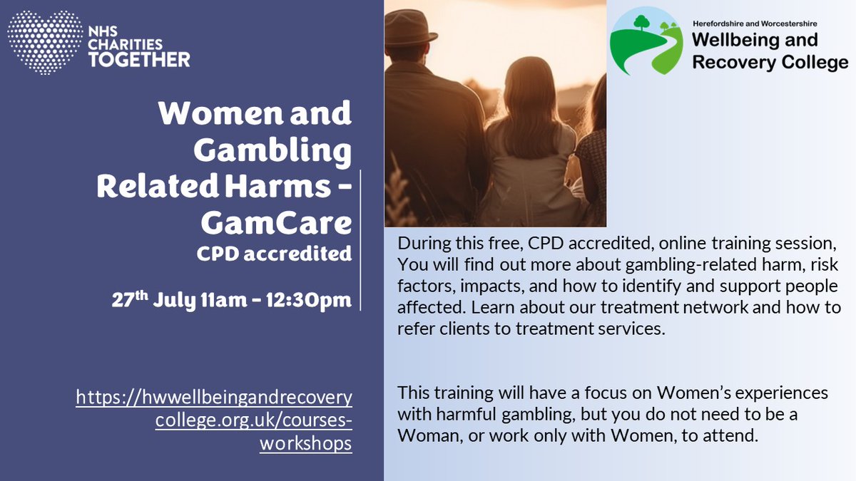 There are around 350,000 gamblers that fall in the ‘harmful’ category in the UK. Recently news reports that addiction is rising. This session is for all genders, not solely women.
To book click here: tinyurl.com/y4n39cv4
Email: HW_WellbeingRecoveryCollege@comfirst.org.uk