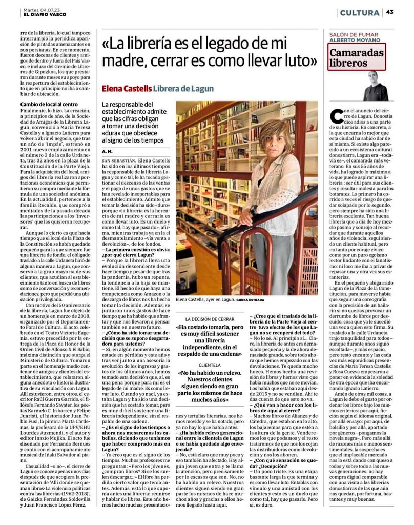 JSE_Egaz's tweet photo. La librería Lagun fue un faro de libertad frente a la oscuridad que representaban los ataques fascistas, primero de la ultraderecha, y luego de ETA y su entorno. 

Un referente de dignidad entre tanto silencio.

Fue un honor entregarles en 2018 el premio #OroimenHegoak🌹 https://t.co/BIoljmAzTf