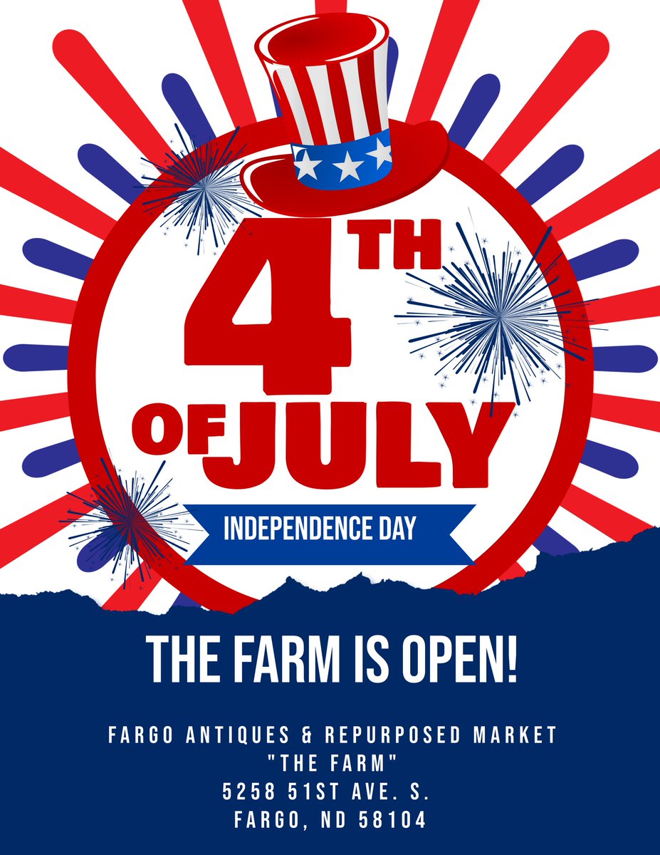 FarmAntiques's tweet photo. Happy 4th of July! The mall is open regular hours today, 10am until 6pm - see you at The Farm! 🇺🇸 🎆

#HappyIndependenceDay #4thofJuly #thingstodoinfargo #seeyouatthefarm #antiquemall #vintageshop https://t.co/RzKHd6USl5