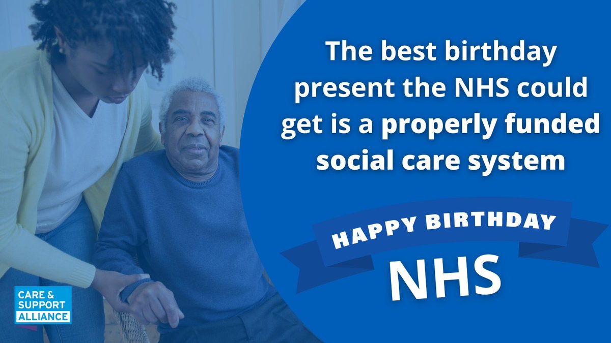 age_uk's tweet photo. Happy birthday for tomorrow, #NHS75! 💙 

We're supporting @candsalliance's calls for all political leaders to commit to properly funding #SocialCare, to help relieve pressure on the NHS and ensure everyone gets the care they need. https://t.co/A6O9NR61SN https://t.co/ecL2wrX4Nv