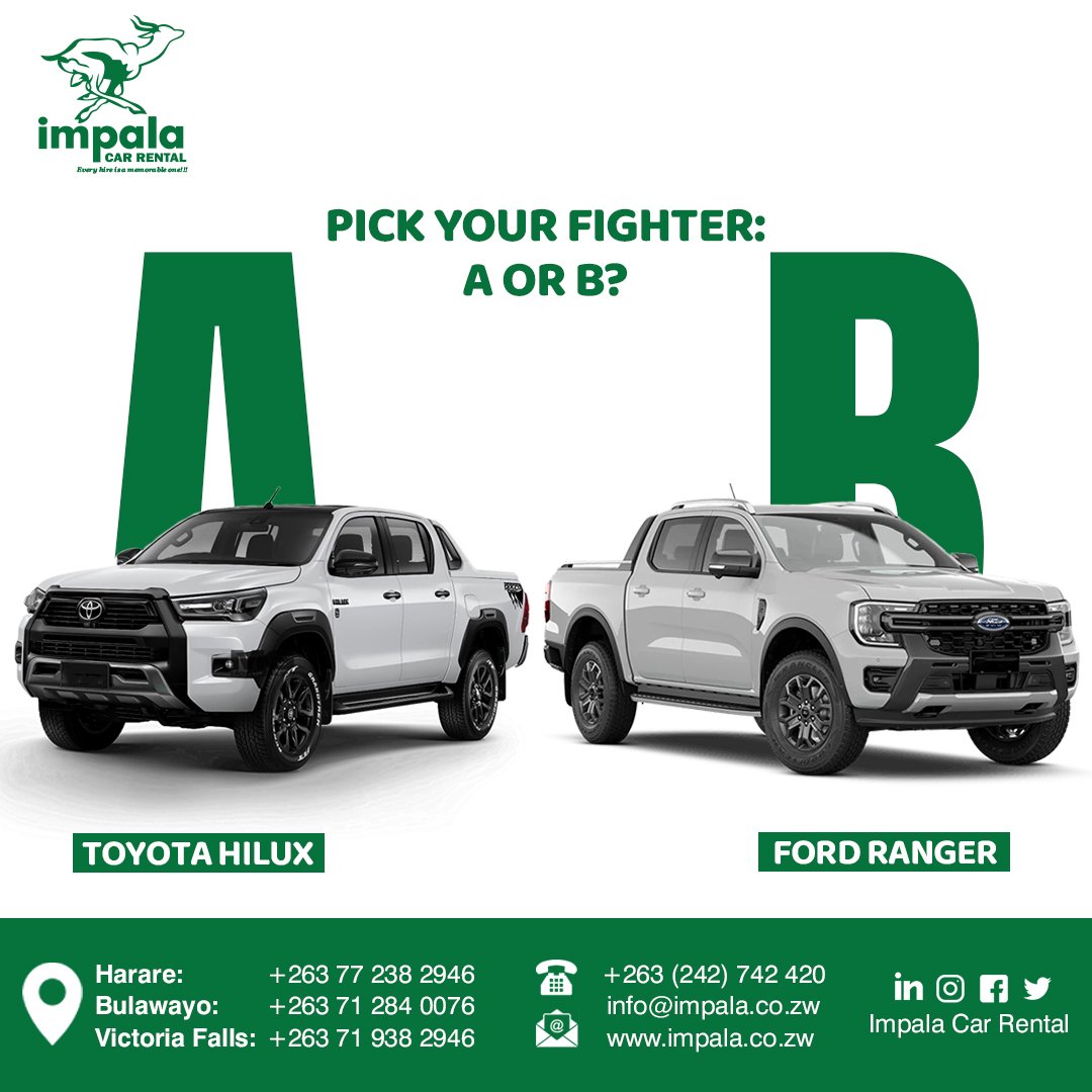 Pick your fighter, Toyota Hilux or Ford ranger? #impalacarrental #july #chooseday #tuesday #FordRanger #TOYOTA #toyotahilux #offroad4x4 Chat with us for vehicle bookings: wa.link/bjsb1f