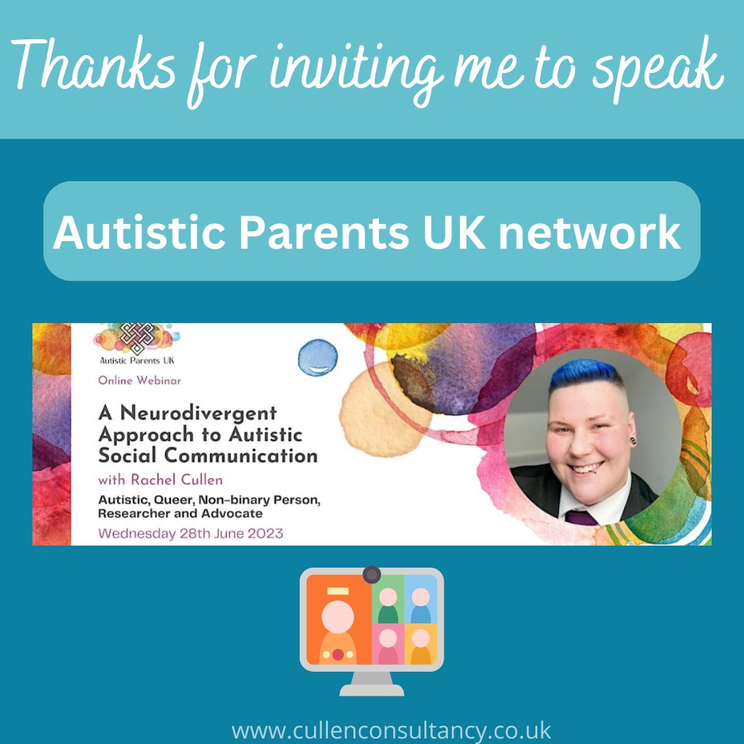 RachelCullen__'s tweet photo. Thank you to The Autistic Parents UK network for inviting me to present on their webinar last week.
It was great to speak to Autistic parents and answer some really interesting questions.
#APUK
#Honoured
#ThankYouForHavingMe
#Grateful
#CullenConsultancyServices https://t.co/7R66MX8PR8
