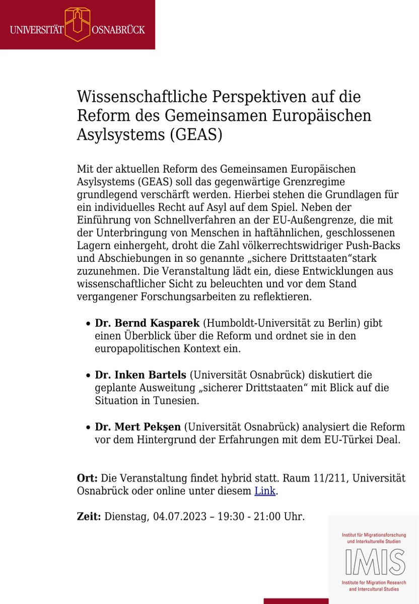 HEUTE 19:30-21:00 Uhr: Wissenschaftliche Perspektiven auf die #GEAS-Reform. Diskussion mit Bernd Kasparek, @BartelsInken & @peksen_mert, moderiert von @SimonSperling2. Ort:  Schloss @UniOsnabrueck (Raum 11/211) & online: buff.ly/3JoTsaP 
#Asylkompromiss #Flucht #EU #Asyl