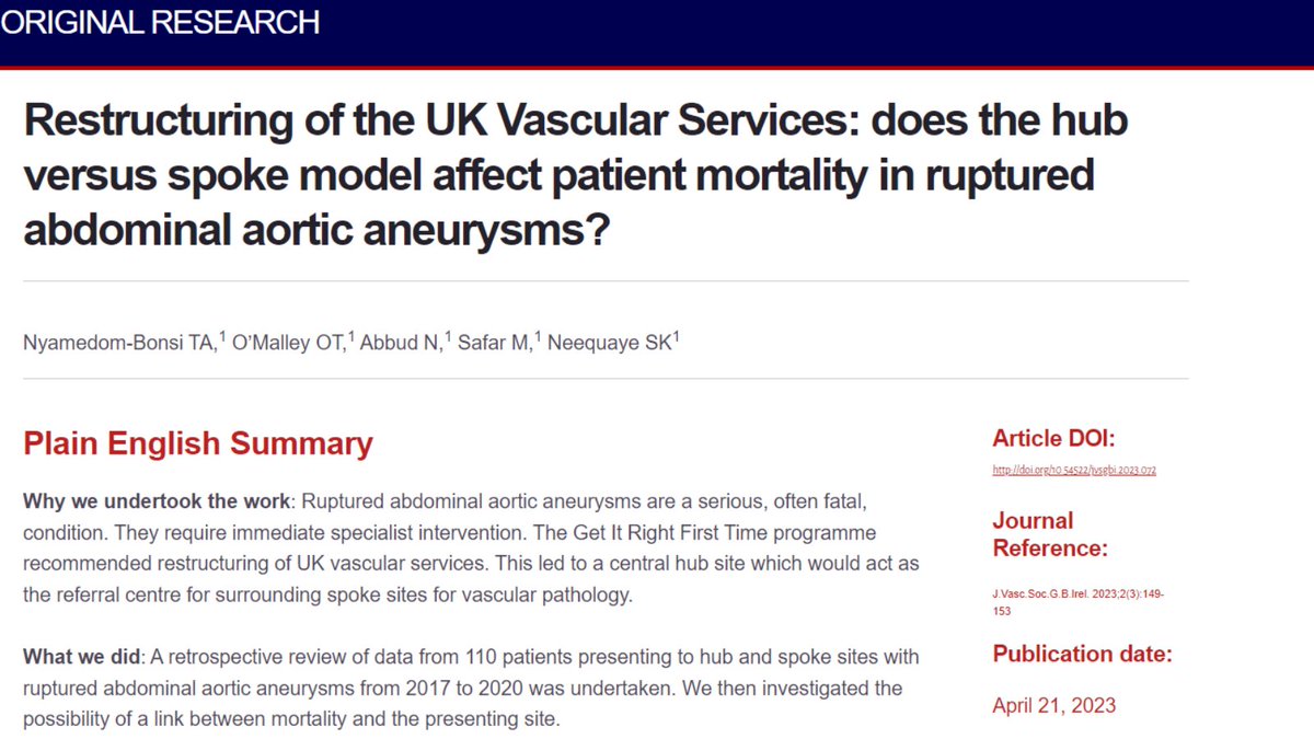 Restructuring of the UK Vascular Services: does the hub versus spoke model affect patient mortality in ruptured abdominal aortic aneurysms?  jvsgbi.com/restructuring-… <a href="/BACPAR_official/">BACPAR</a>
<a href="/BSETnews/">BSET</a> <a href="/BSIR_News/">The British Society of Interventional Radiology</a> <a href="/RouleauxClub/">Rouleaux Club</a> <a href="/vascularnurses/">SVN (Society of Vascular Nurses)</a> <a href="/svtgbi/">CSVS</a> <a href="/vasgbi/">VASGBI</a> <a href="/VascResearchNet/">VERN</a>
<a href="/vsgbi/">Vascular Society</a>