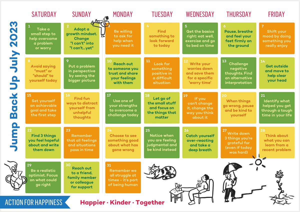 BottesfordIS's tweet photo. Take a look at @actionhappiness jump back July calendar. This is full of ways to boost your resilience #wellbeing #resilience #teamBIS https://t.co/e5qqVtPz1Z
