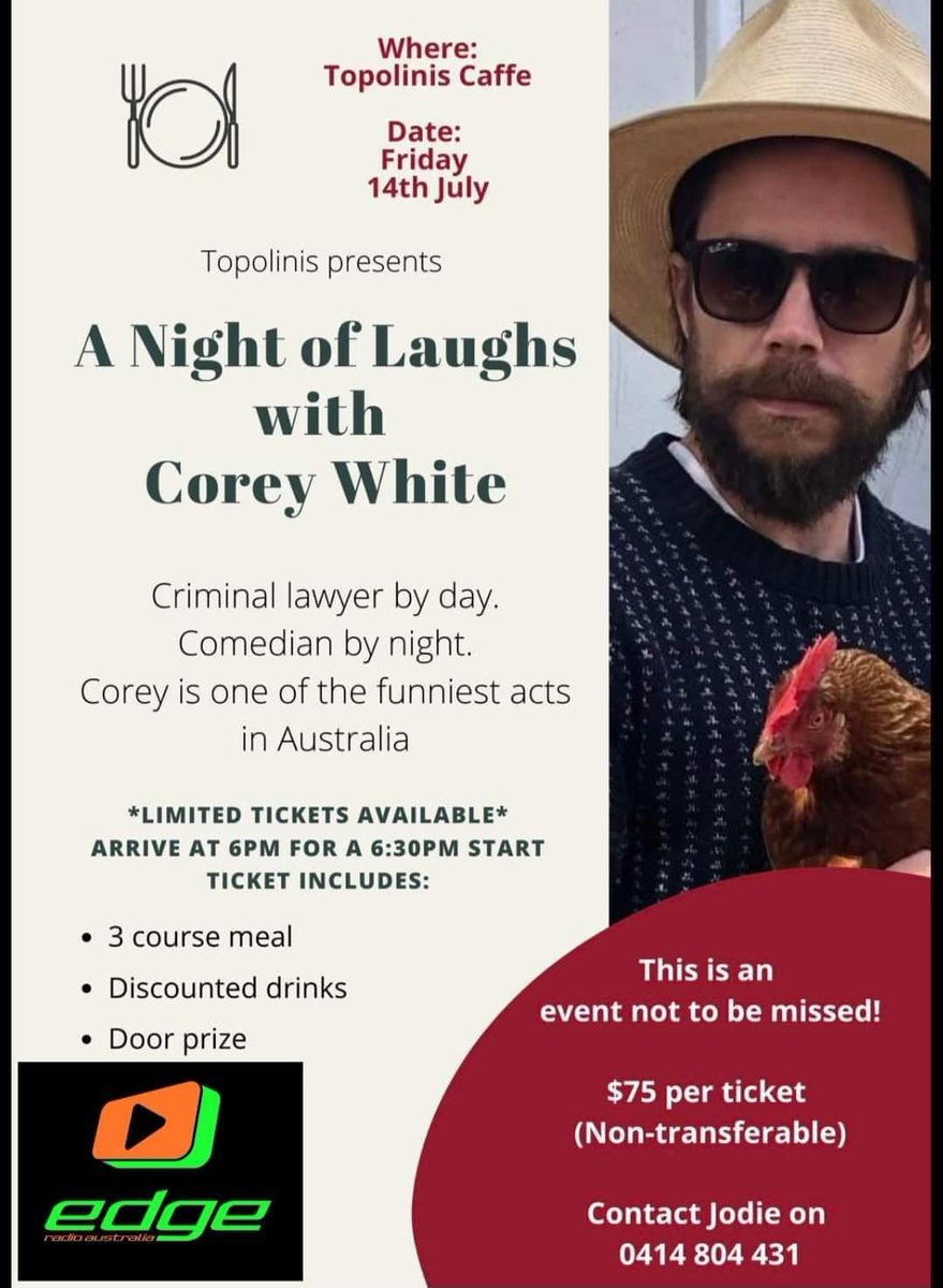Edge Radio Australia proudly support "A night of  laughs with Corey White" 

Highly recommend this truly talented comedian  not to be missed. 

For $75 you'll also be wined and dined at  Topolinis Caffé, 3 course meal included 😋 now that's great value 😁
#comedy 
#Perth