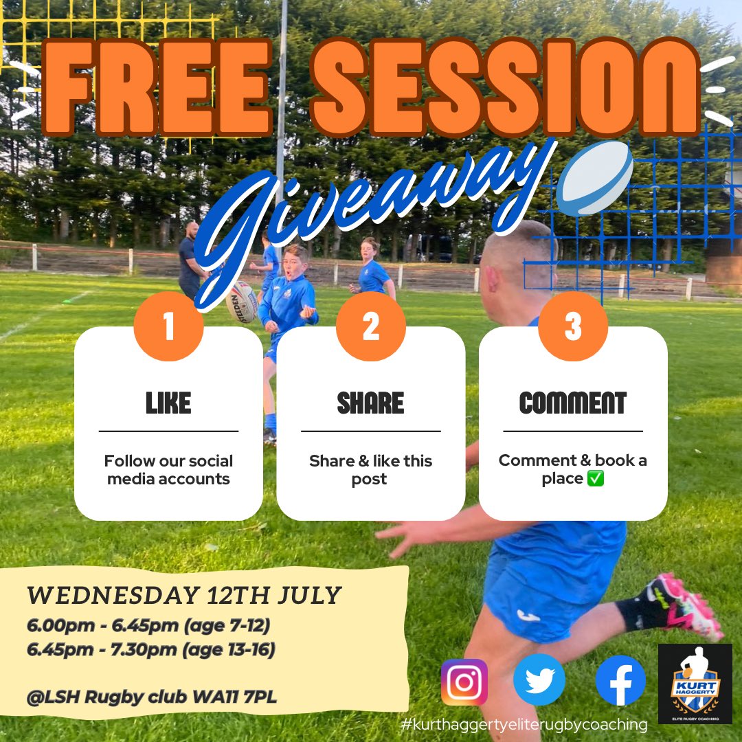 ANNOUNCEMENT📢‼️

FREE SESSIONS GIVEAWAY WEDNESDAY 12TH JULY 🖐️😮🏉

6.00pm - 6.45pm (age 7-12)
6.45pm - 7.30pm (13-16) 
<a href="/LSH/">Leslie Hitchcock</a> Rugby Club WA11 7PL

All you simply have to do is :- 

Like our page
Share and like this post 
Comment and book a place ✅