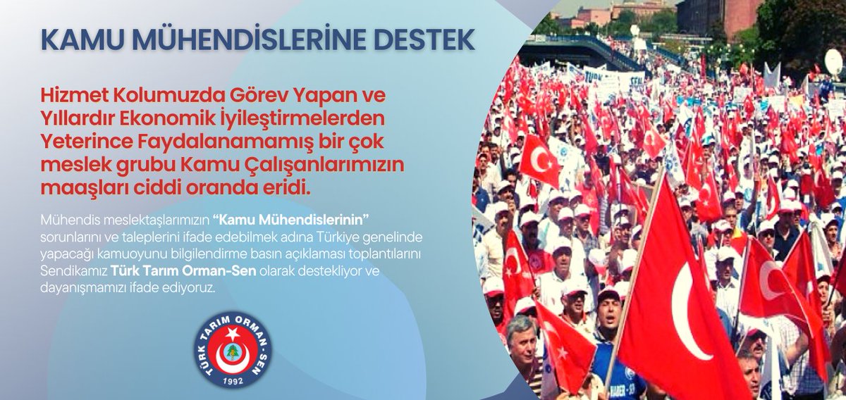 KAMU MÜHENDİSLERİNE DESTEK
Sendikamız Türk Tarım Orman-Sen; hizmet kolumuzda görev yapan başta Kamu Mühendisleri olmak üzere, Veteriner Hekimler, Kimyager, Biyolog, Sosyolog, Kamu Avukatları, Tekniker, Teknisyen, Genel İdari Hizmetler mensup tüm memurlar, Orman teşkilatında görev