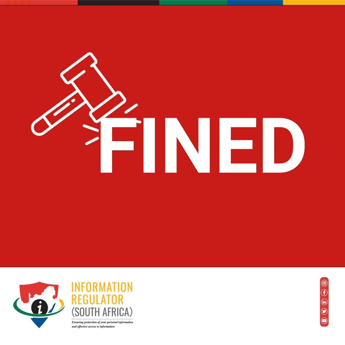 InforegulatorSA's tweet photo. Infringement notice and R5 Million administrative fine issued to the Department of Justice and Constitutional Development for contravention of POPIA.
Read more👉 https://t.co/gt9f2uqarj
#POPIA #DataProtection #InfringementNotice #Fine https://t.co/yYuEDelsrv